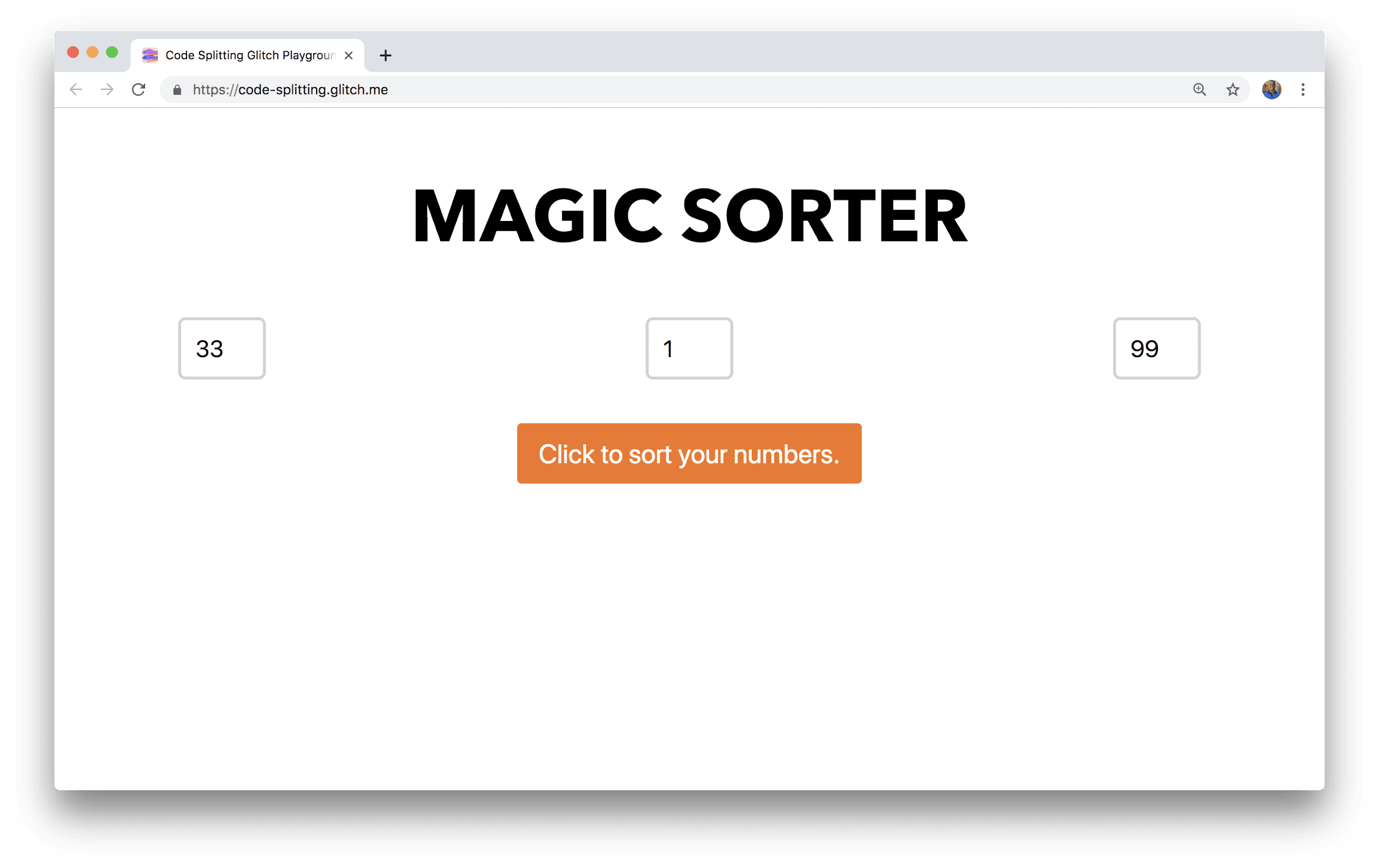 W oknie przeglądarki wyświetla się aplikacja o nazwie Magiczny sorter, z 3 polami do wpisywania liczb i przyciskiem sortowania.