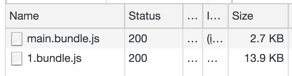 Painel de rede mostrando o pacote JavaScript de 2,7 KB seguido por um pacote de JavaScript de 13,9 KB.