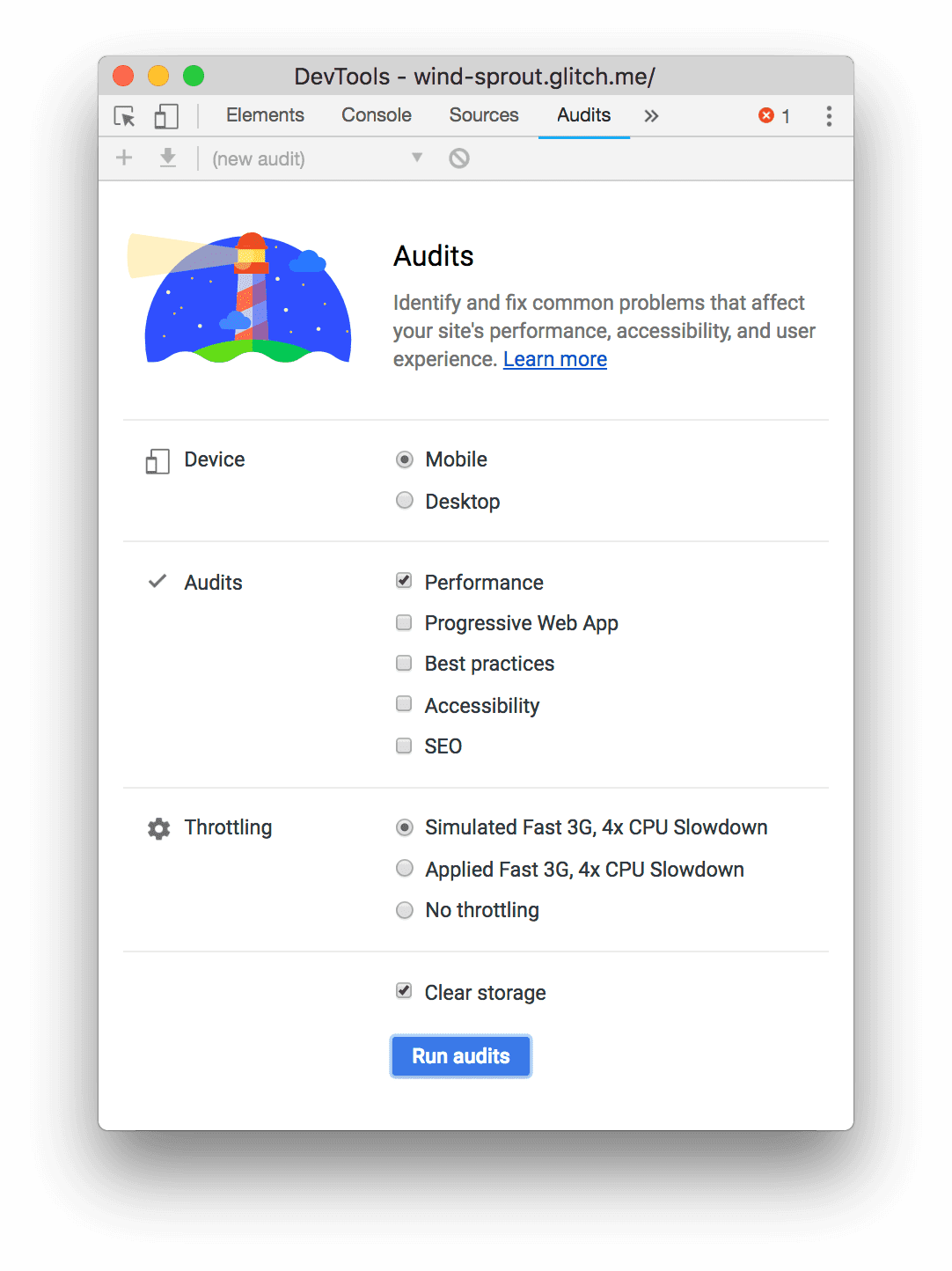 Panel Audits de las Herramientas para desarrolladores de Chrome, con la tecnología de Lighthouse