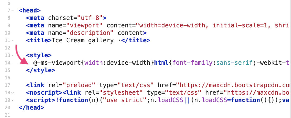 index.html ที่มี CSS ที่สําคัญซึ่งแทรกในหน้า