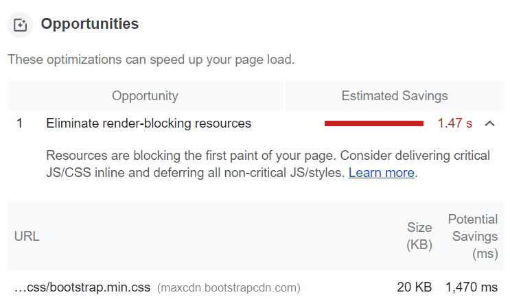 Lighthouse audit 'Opportunities' section listing 'Eliminate render-blocking resources'
