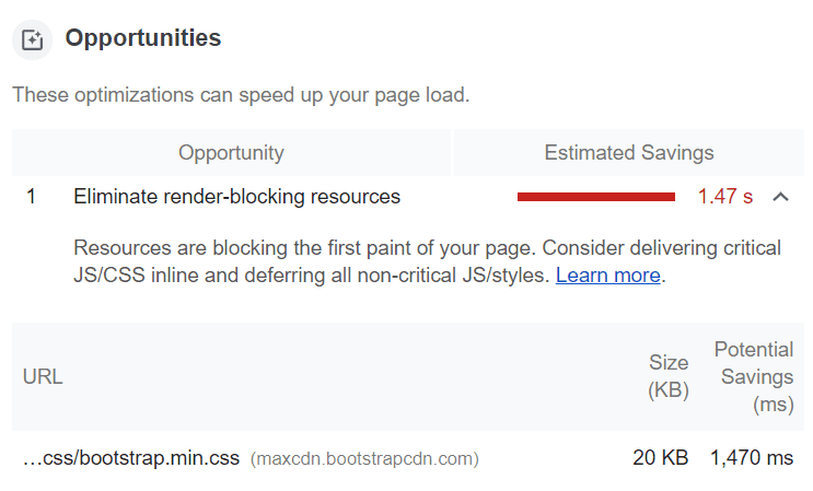 Der Abschnitt „Empfehlungen“ der Lighthouse-Analyse enthält den Eintrag „Ressourcen entfernen, die das Rendering blockieren“.