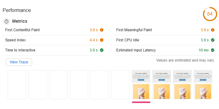 Lighthouse audit showing performance score of 84, FCP 3 seconds and a filmstrip view of loading the app