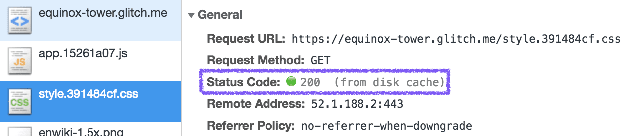 A network response status of 200.