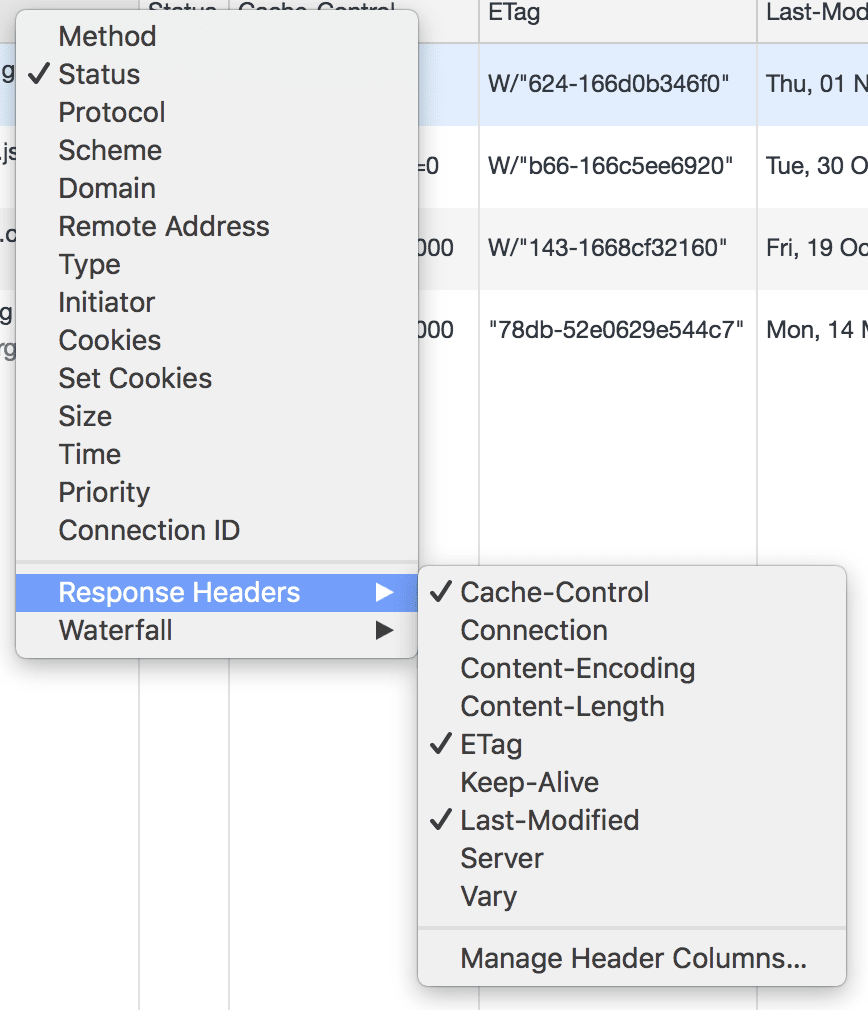 DevTools の [Network] パネルを構成する。