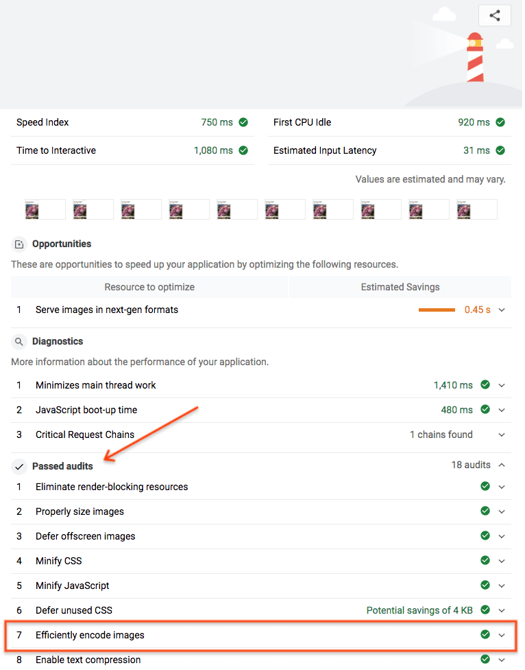 Aprovação na auditoria &quot;Codificar imagens com eficiência&quot; no Lighthouse