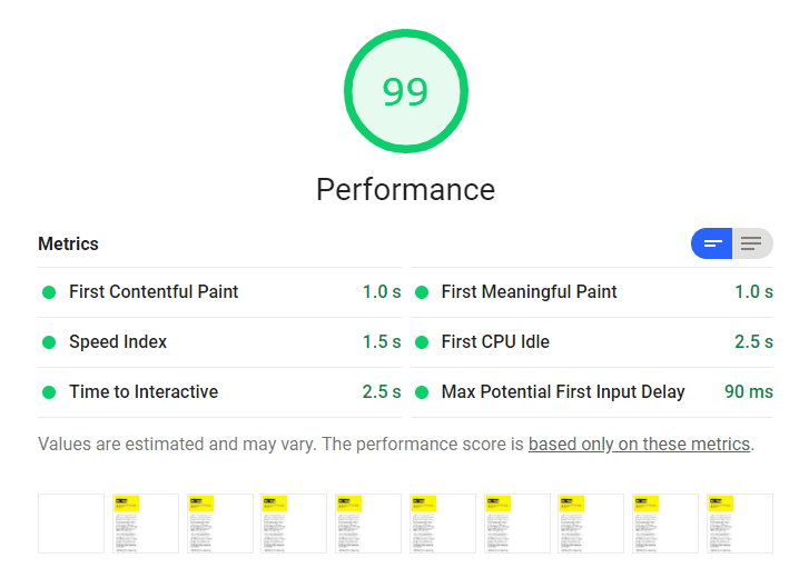 Lighthouse audit showing 1 second FCP and the performance score of 99.