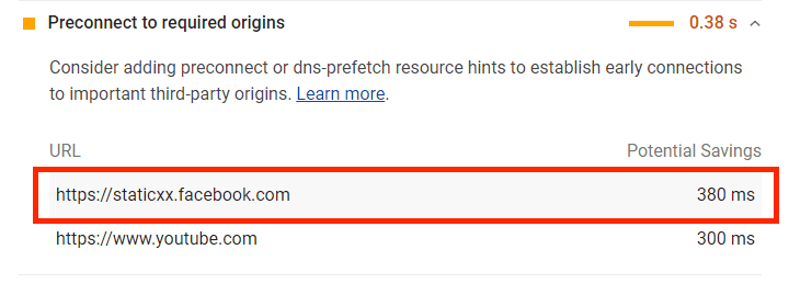Preconnect to required origins audit with the staticxx.facebook.com domain highlighted.