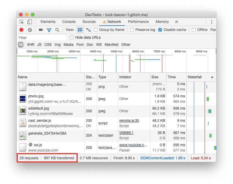 Capture d&#39;écran du panneau &quot;Network&quot; (Réseau) de DevTools.