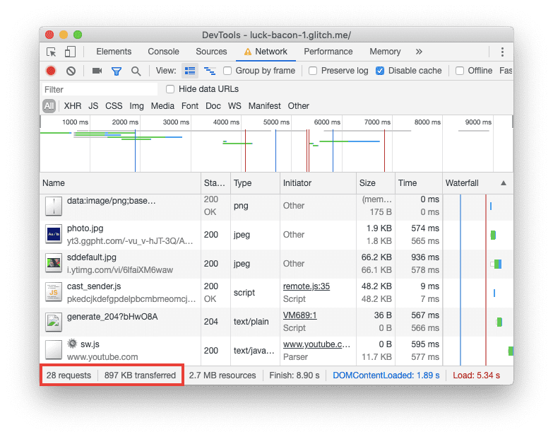 DevTools 네트워크 패널의 스크린샷