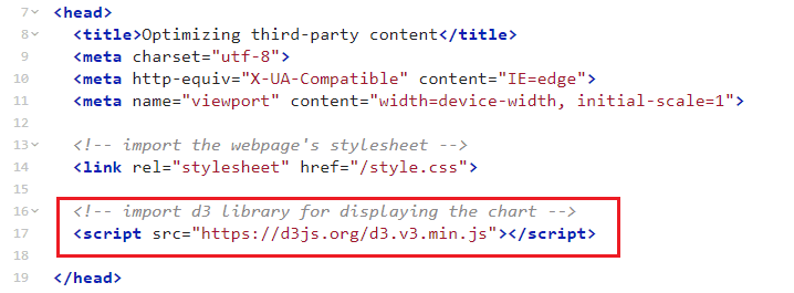 Screenshot di index.html con il tag script evidenziato nell&#39;intestazione.