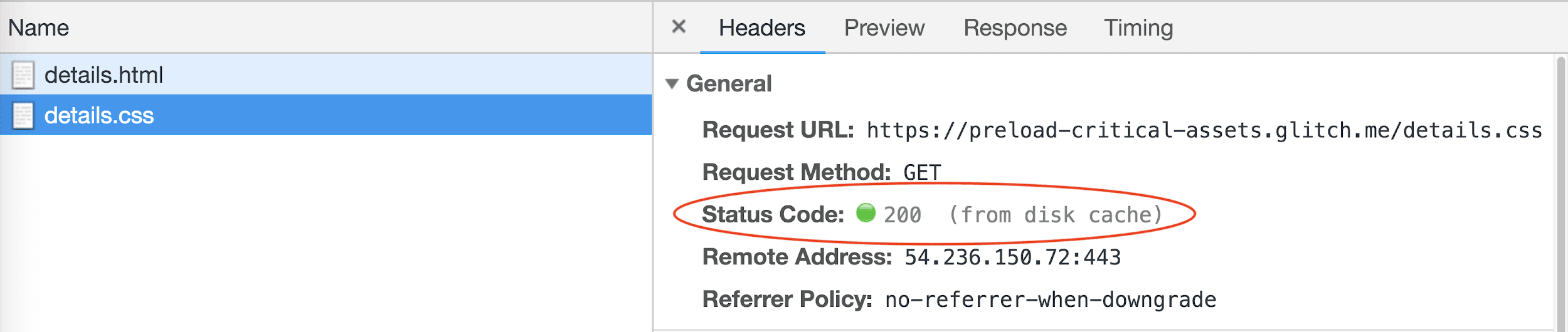 Szczegóły żądania pobrane z pamięci podręcznej na dysku