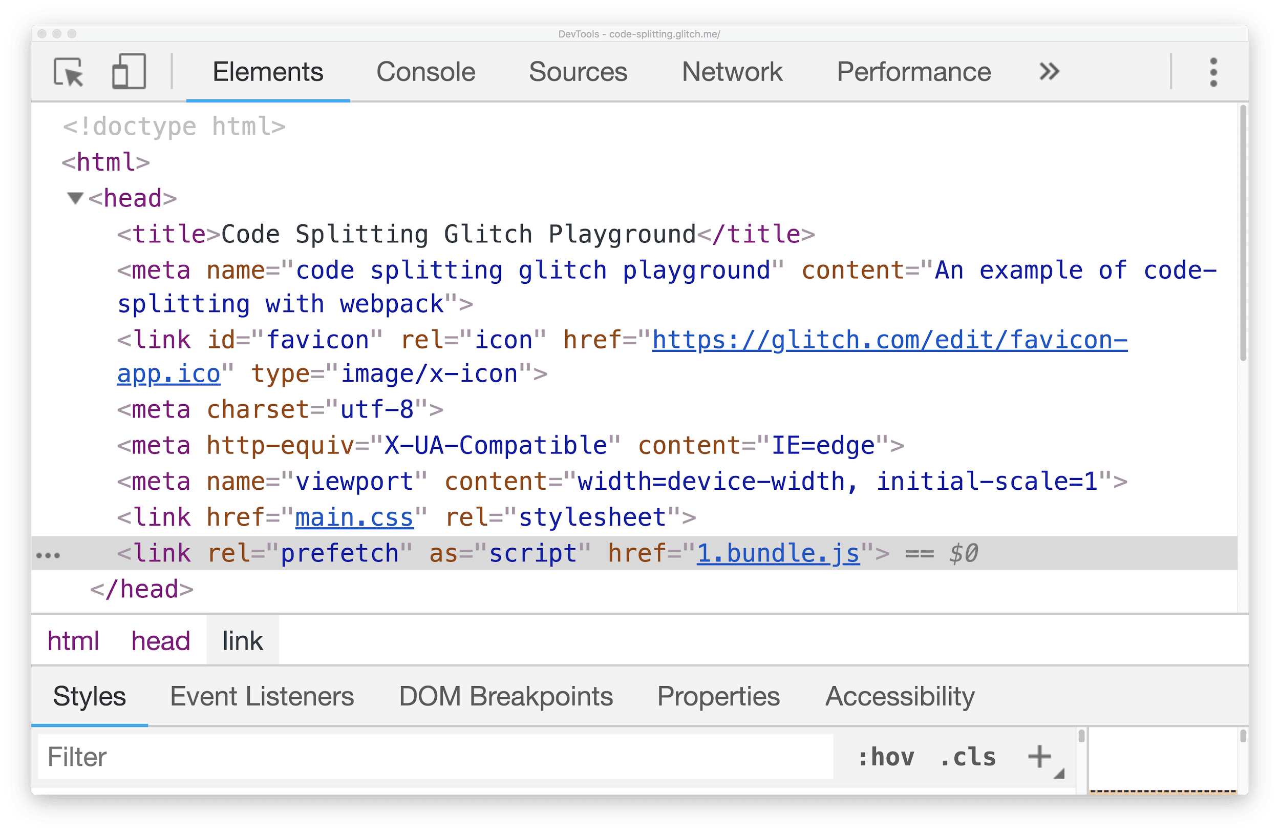 Elements panel with prefetch tag