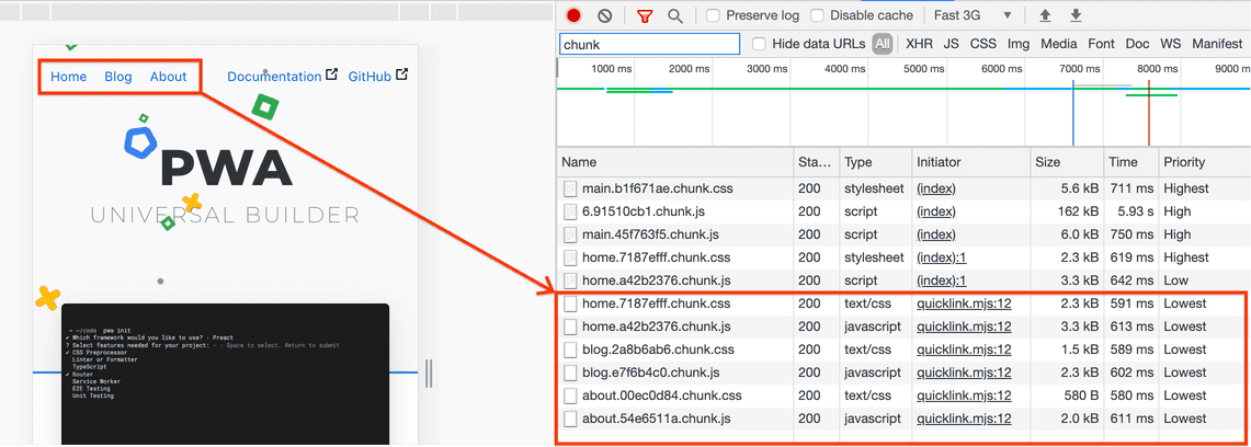 ホームページのプリフェッチ チャンクが表示されているネットワーク パネル。