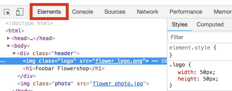 The DevTools elements panel