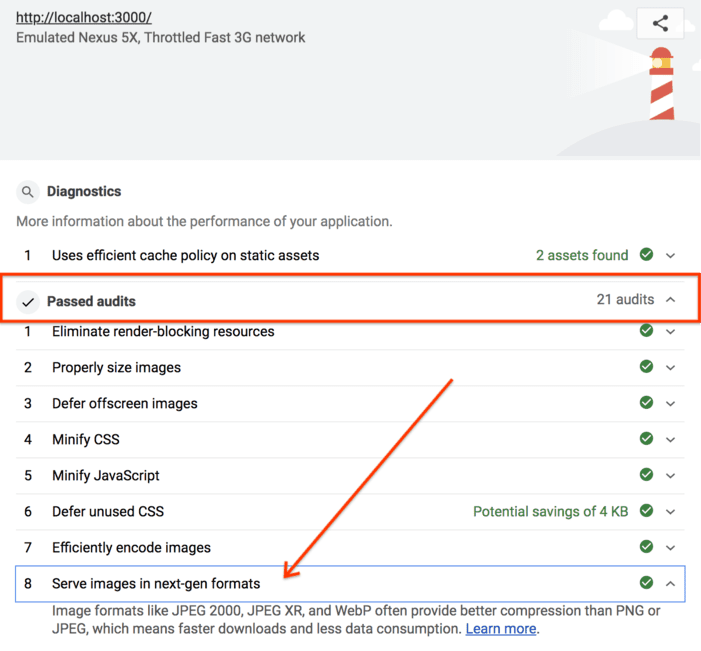 Como passar na auditoria &quot;Disponibilizar imagens em formatos de última geração&quot; no Lighthouse