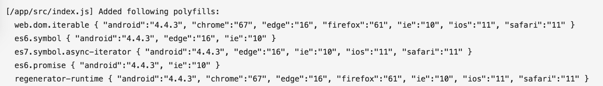 Liste des polyfills inclus automatiquement