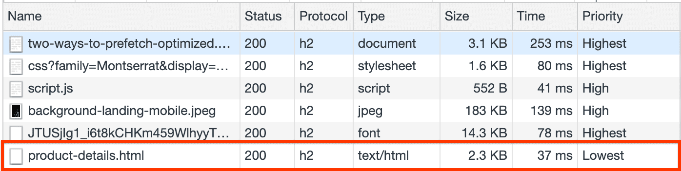 product-details.html のプリフェッチが表示されている [Network] パネル。