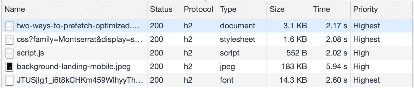product-details.html がプリフェッチされていないことを示す [Network] パネル。