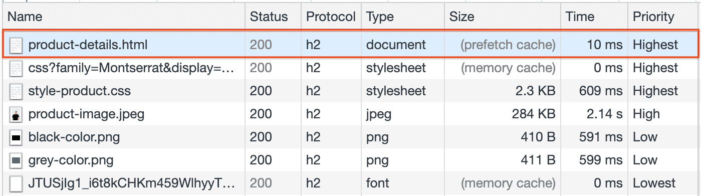 Network panel showing product-details.html retrieved from prefetch cache.