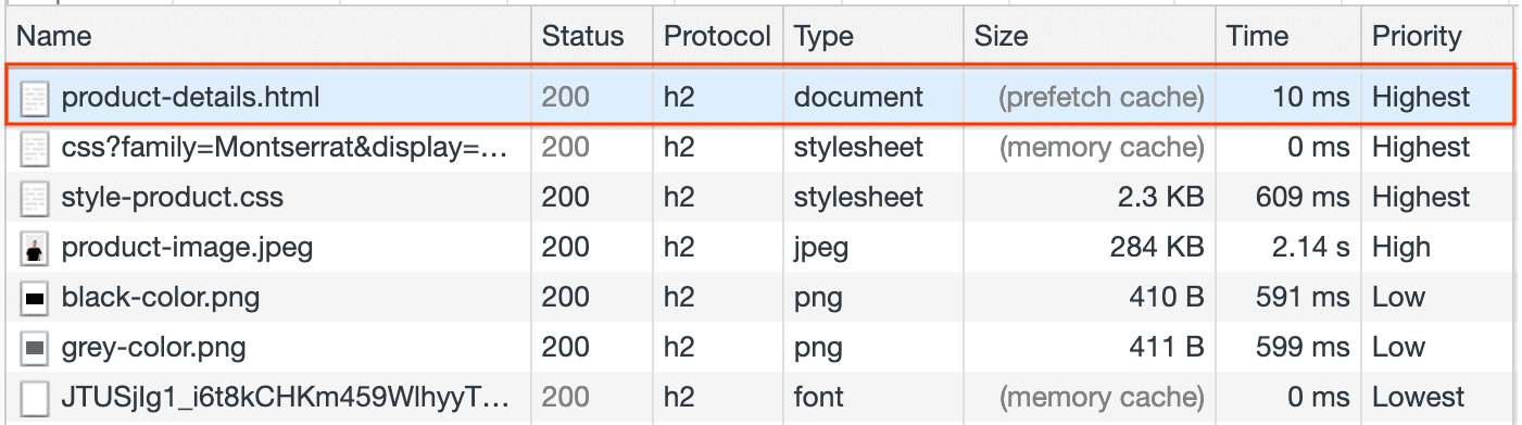Panel Jaringan yang menampilkan product-details.html yang diambil dari cache pengambilan data.
