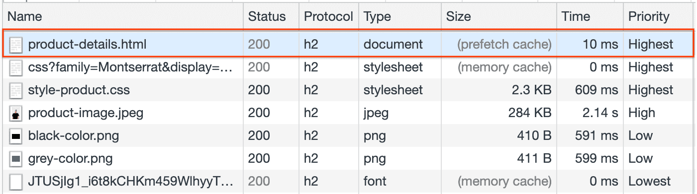 חלונית רשת שמציגה את product-details.html שאוחזר מהמטמון לשליפה מראש (prefetch).