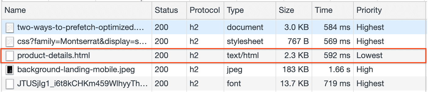 product-details.html प्रीफ़ेच किया गया नेटवर्क पैनल.