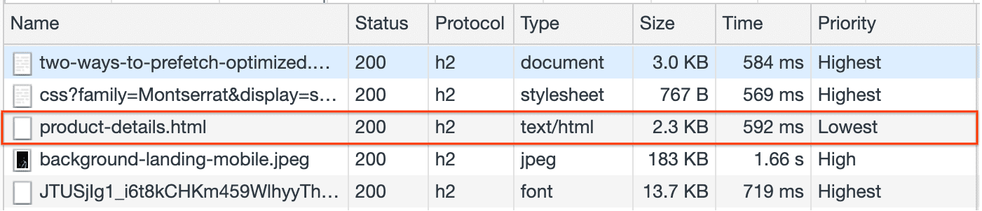 显示已预提取的 product-details.html 文件的“Network”面板。