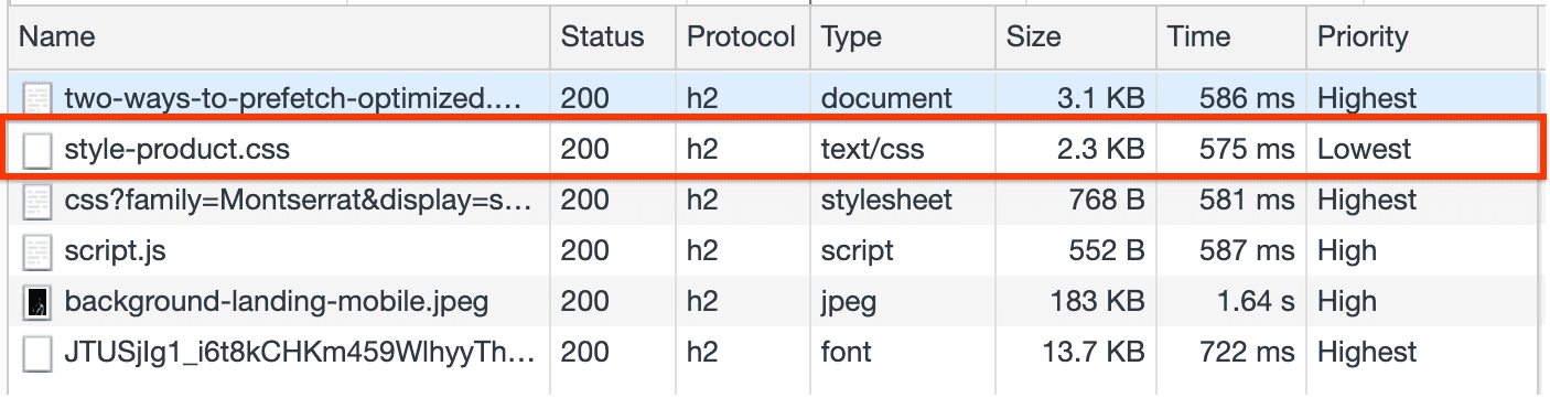 style-product.css のプリフェッチが表示されている [ネットワーク] パネル。