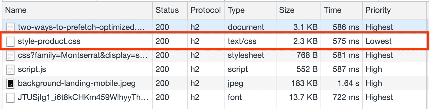 style-product.css&#39;nin önceden getirilmesini gösteren ağ paneli.