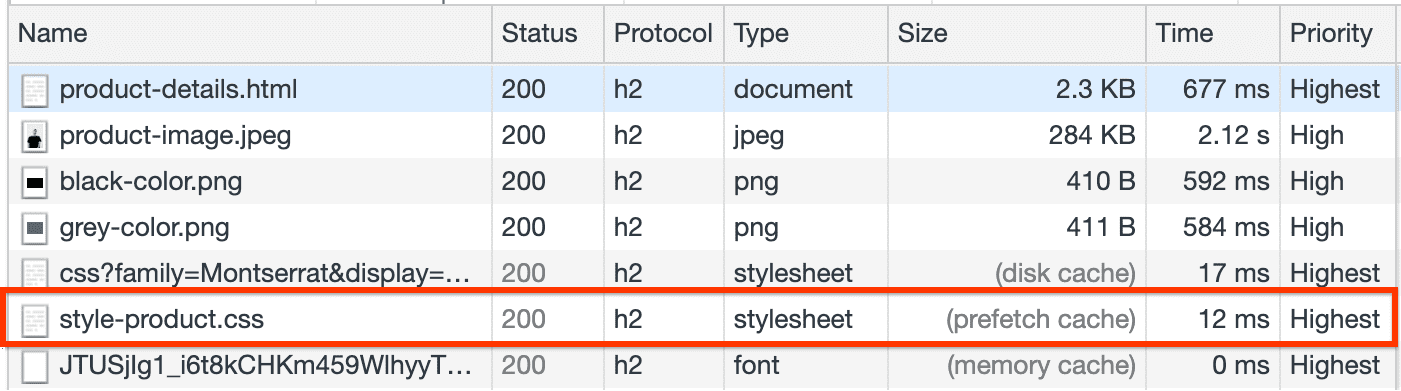 Panel Jaringan yang menampilkan style-product.css yang diambil dari cache pengambilan data.