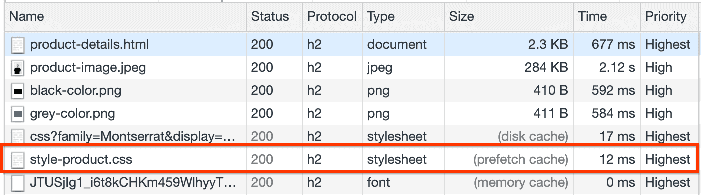 プリフェッチ キャッシュから取得した style-product.css が表示されている [ネットワーク] パネル。