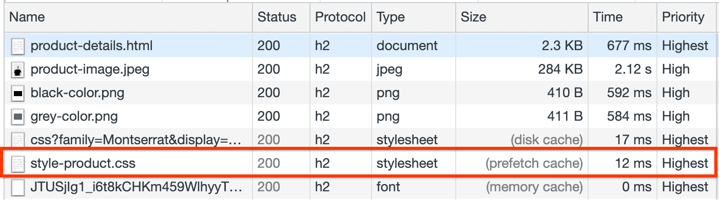 Panel sieci pokazujący plik style-product.css pobrany z pamięci podręcznej pobierania z wyprzedzeniem.