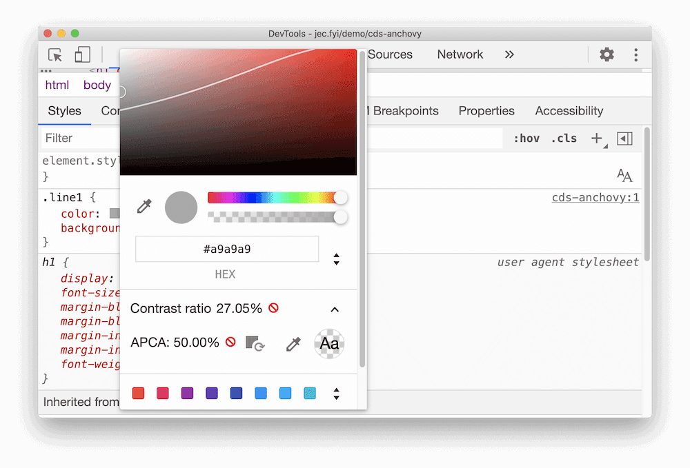 Chrome 中 APCA 功能的输出结果的屏幕截图。