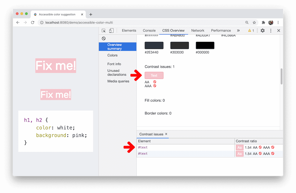 Chrome 低對比文字實驗功能的輸出內容螢幕截圖。