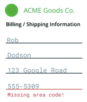 Formulaire avec un numéro de téléphone incorrect souligné en rouge et un message d'erreur.