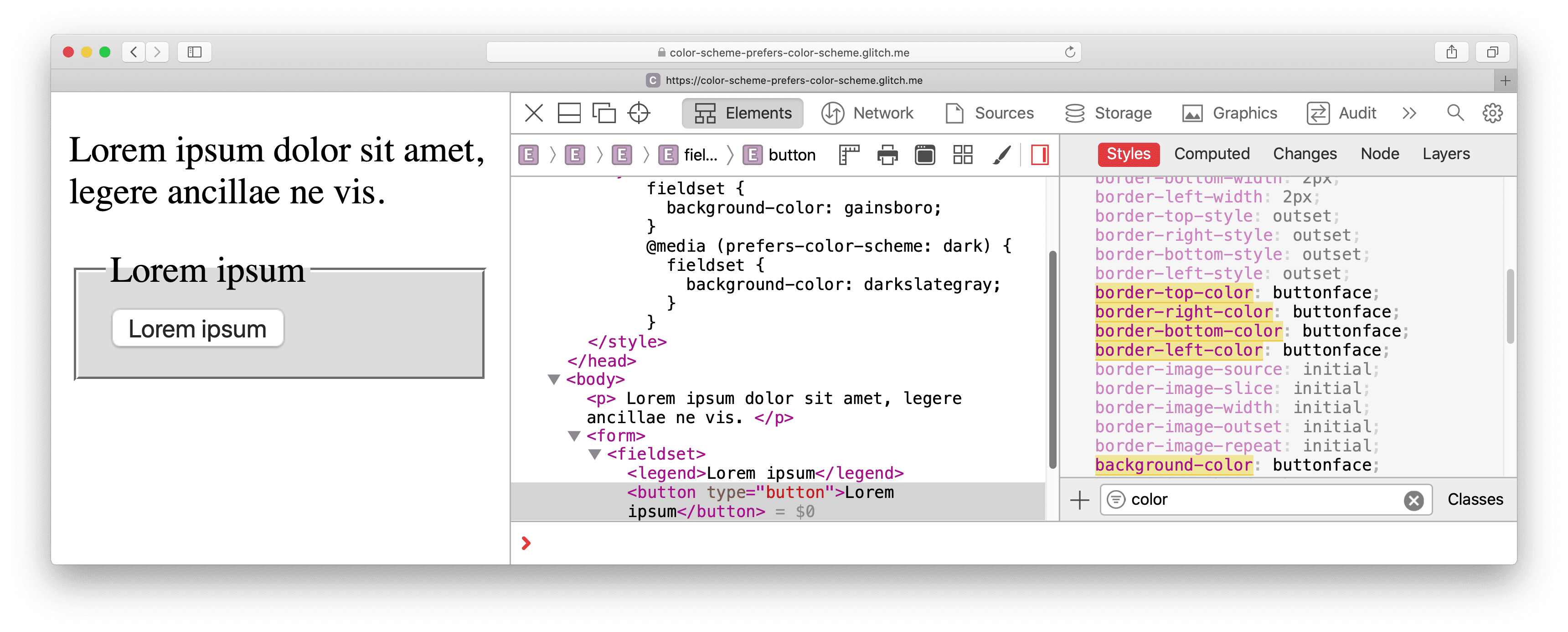 ButtonFace özelliğini kullanan bir açık mod sayfası.