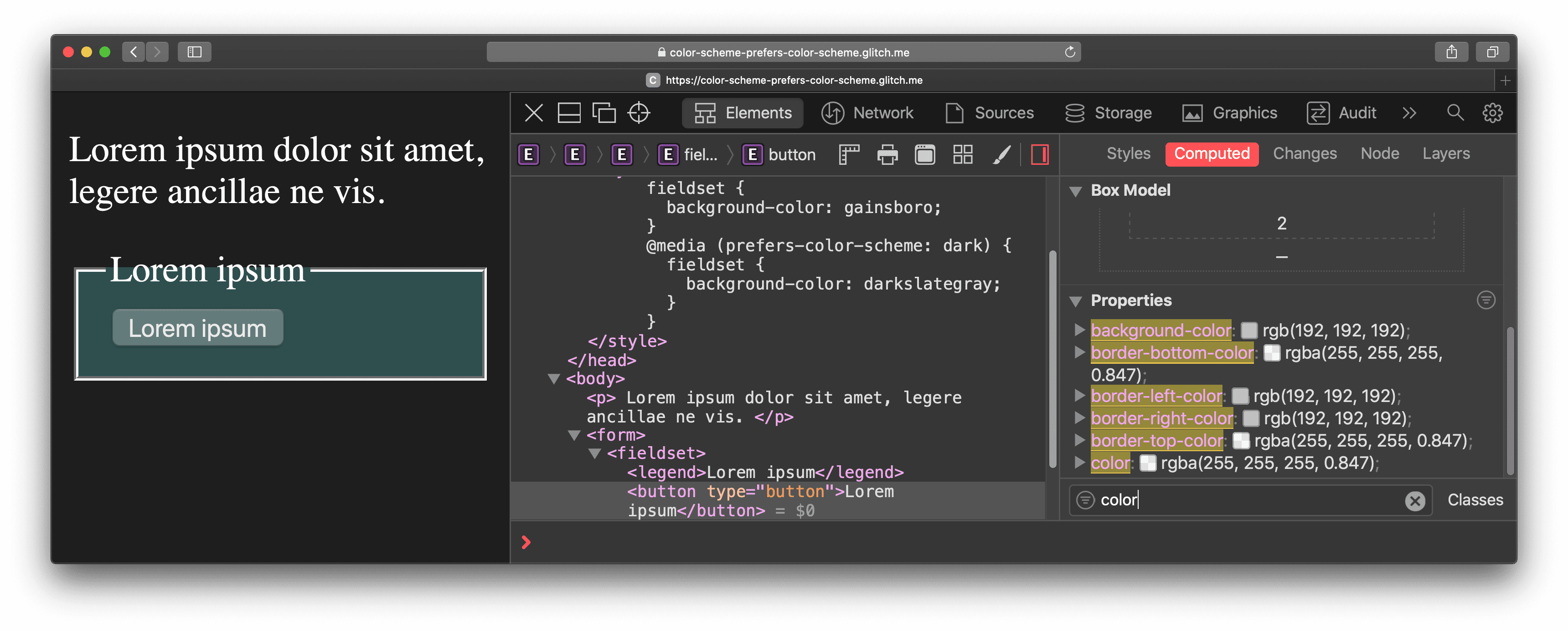 Die berechneten Farbwerte stimmen auch im dunklen Modus mit „ButtonFace“ überein.