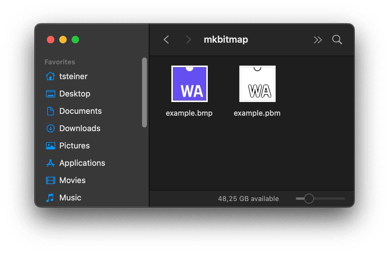 macOS Finder में, इनपुट .bmp फ़ाइल और आउटपुट .pbm फ़ाइल की झलक दिखाई गई है.