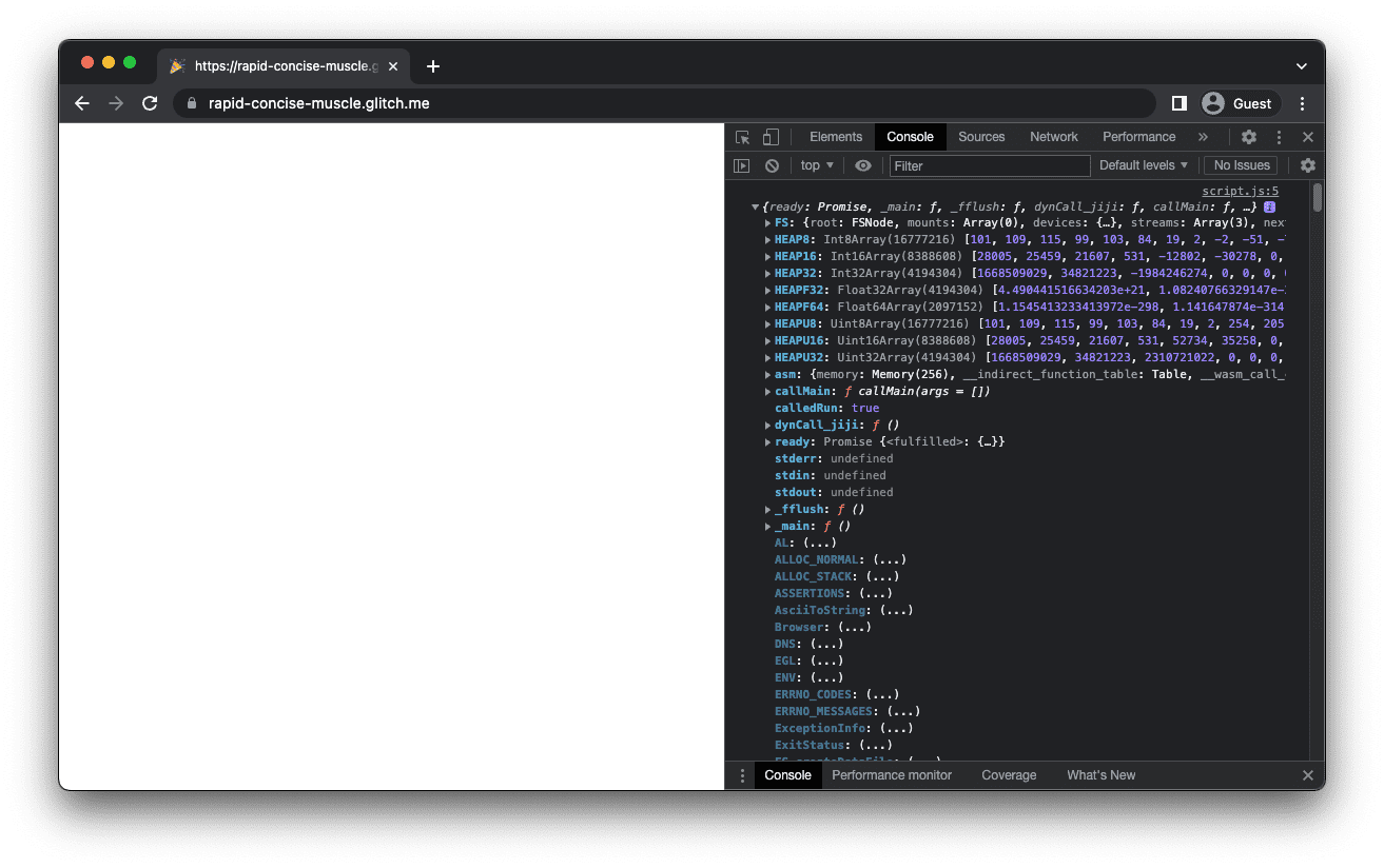 L&#39;app mkbitmap con una schermata bianca che mostra l&#39;oggetto Modulo registrato nella console DevTools.