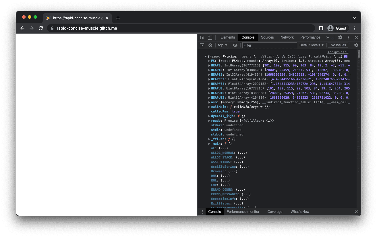 흰색 화면이 있는 mkbitmap 앱으로, DevTools 콘솔에 기록된 모듈 객체를 보여줍니다.