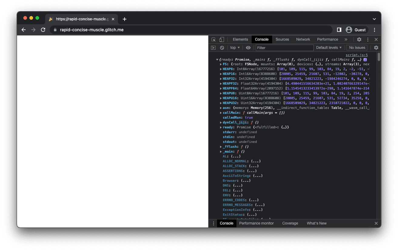 La app mkbitmap con una pantalla blanca que muestra el objeto Module registrado en la consola de Herramientas para desarrolladores.