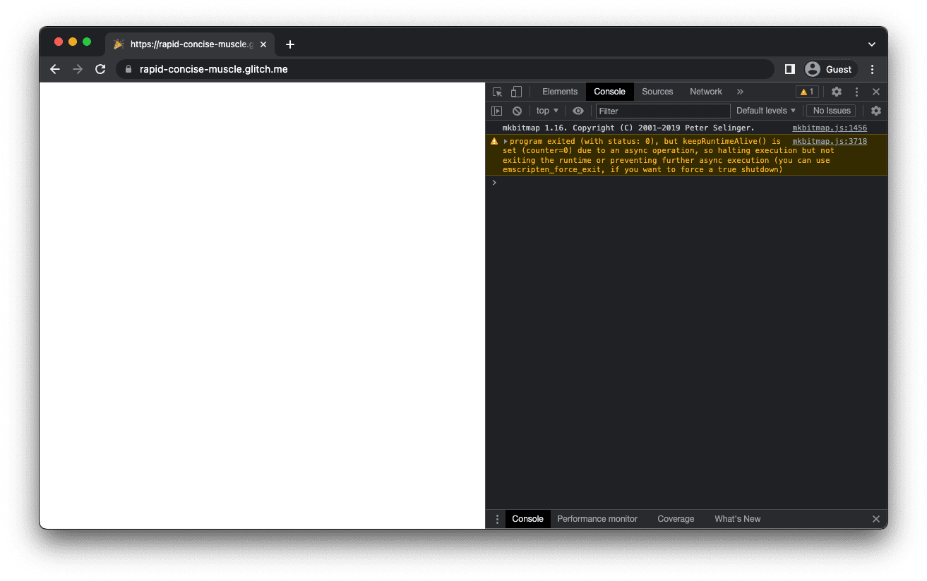 O app mkbitmap com uma tela branca, mostrando o número da versão do mkbitmap registrada no console do DevTools.