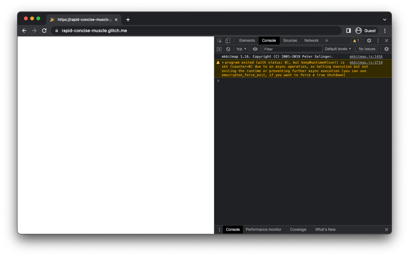 La app de mkbitmap con una pantalla blanca, que muestra el número de versión de mkbitmap registrado en la consola de Herramientas para desarrolladores.