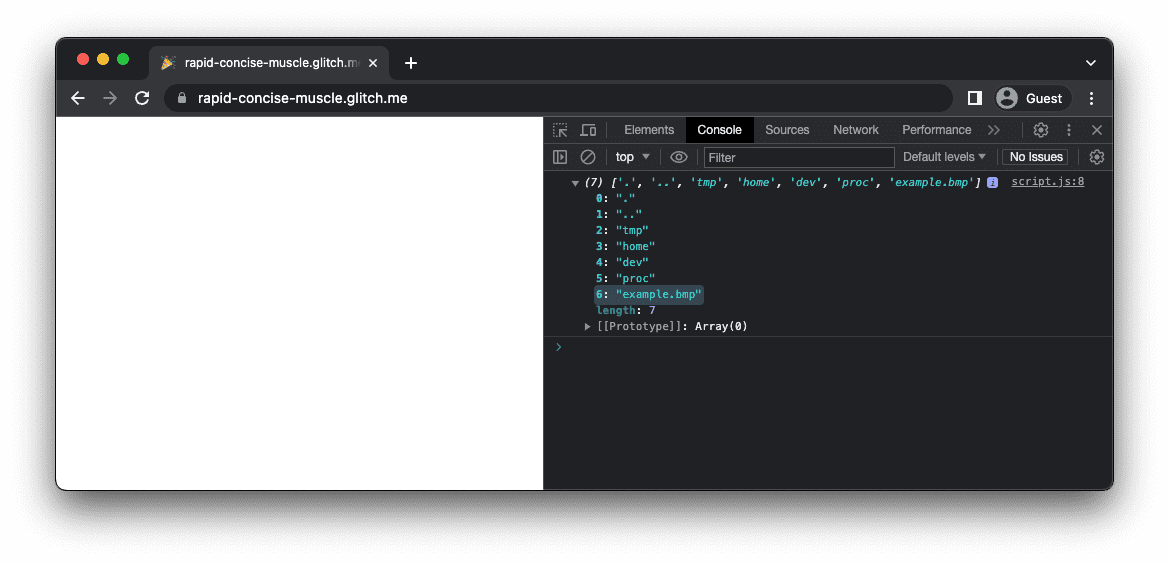 Aplikacja mkbitmap z tabelą plików w systemie plików pamięci, w tym example.bmp.