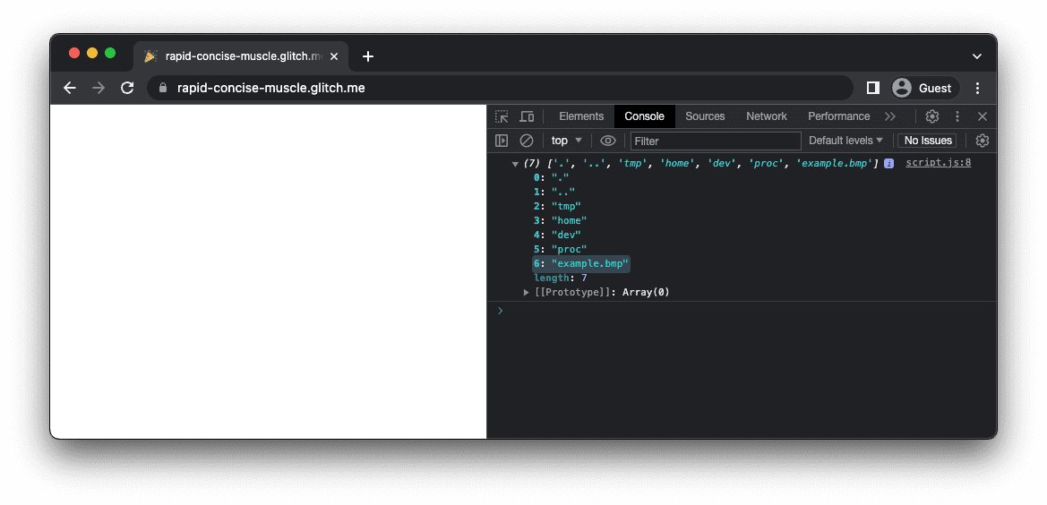 mkbitmap アプリに、example.bmp を含むメモリ ファイル システム内のファイルの配列が表示されている。