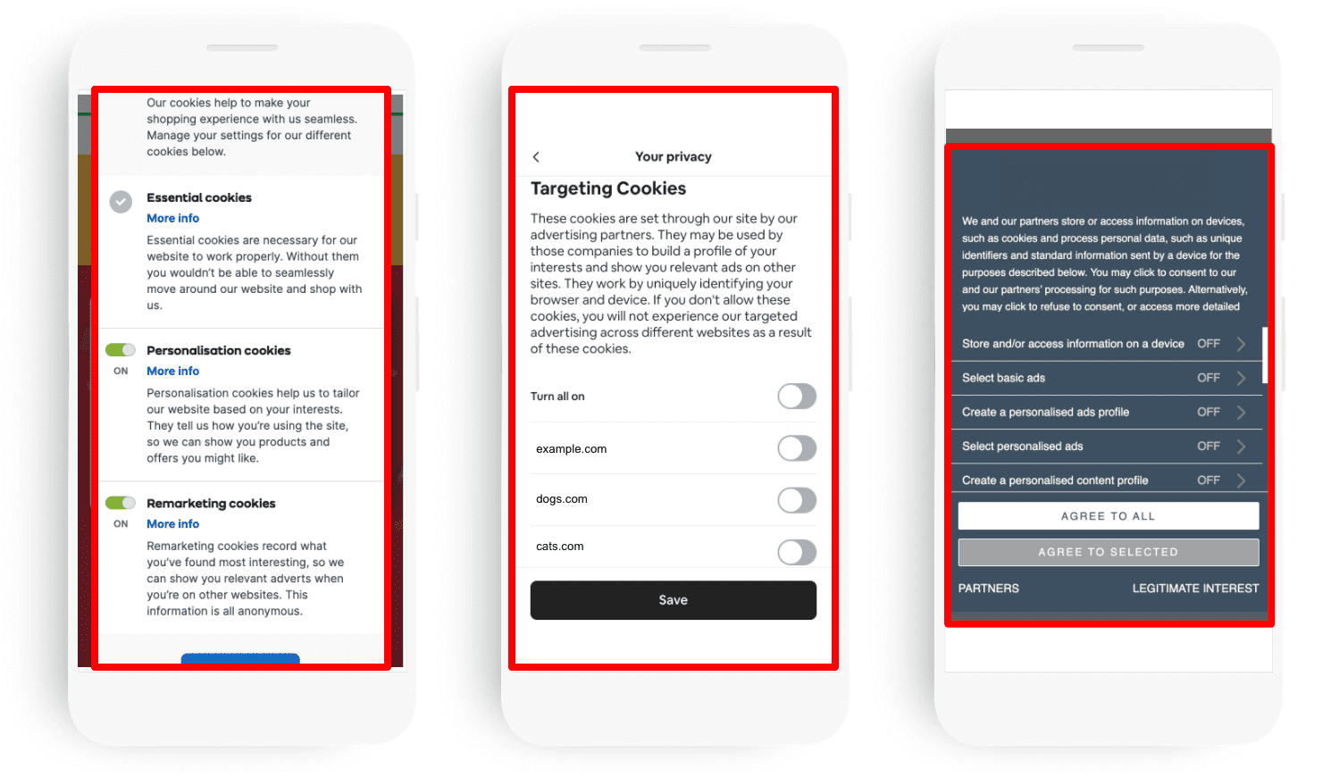 Diagrama que muestra ejemplos de avisos de Chookie con configuración completa de cookies