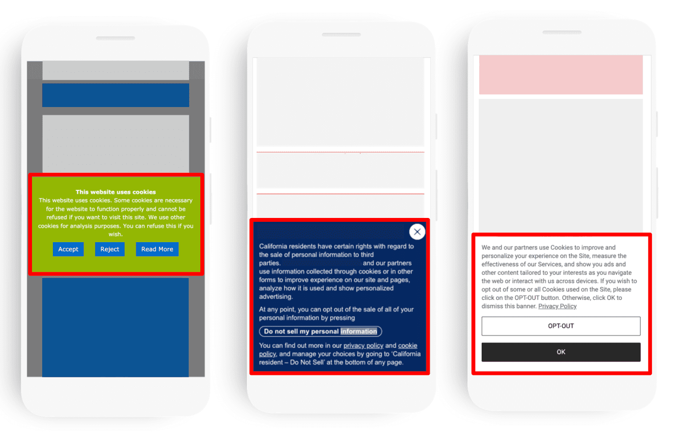 Diagrama que muestra ejemplos de avisos de cookies con cierta capacidad de configuración