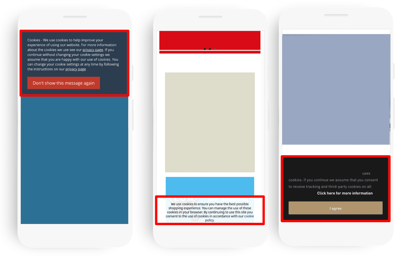 Diagram showing examples of cookie notices with no cookie configurability