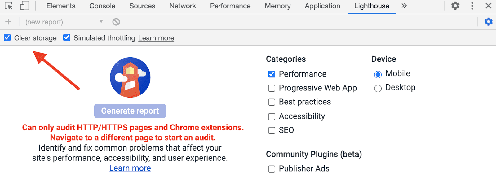 Ảnh chụp màn hình làm nổi bật tuỳ chọn "Xoá bộ nhớ" của Lighthouse
